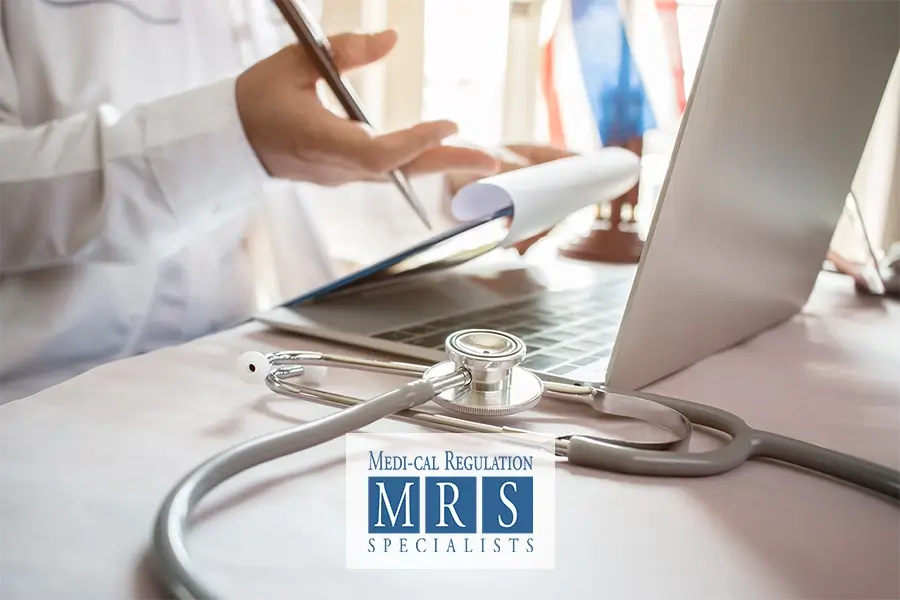 Graphic representation of California with a medical cross overlay, symbolizing Medi-Cal contracting services for hospitals, ensuring compliance, reimbursement optimization, and patient eligibility support.